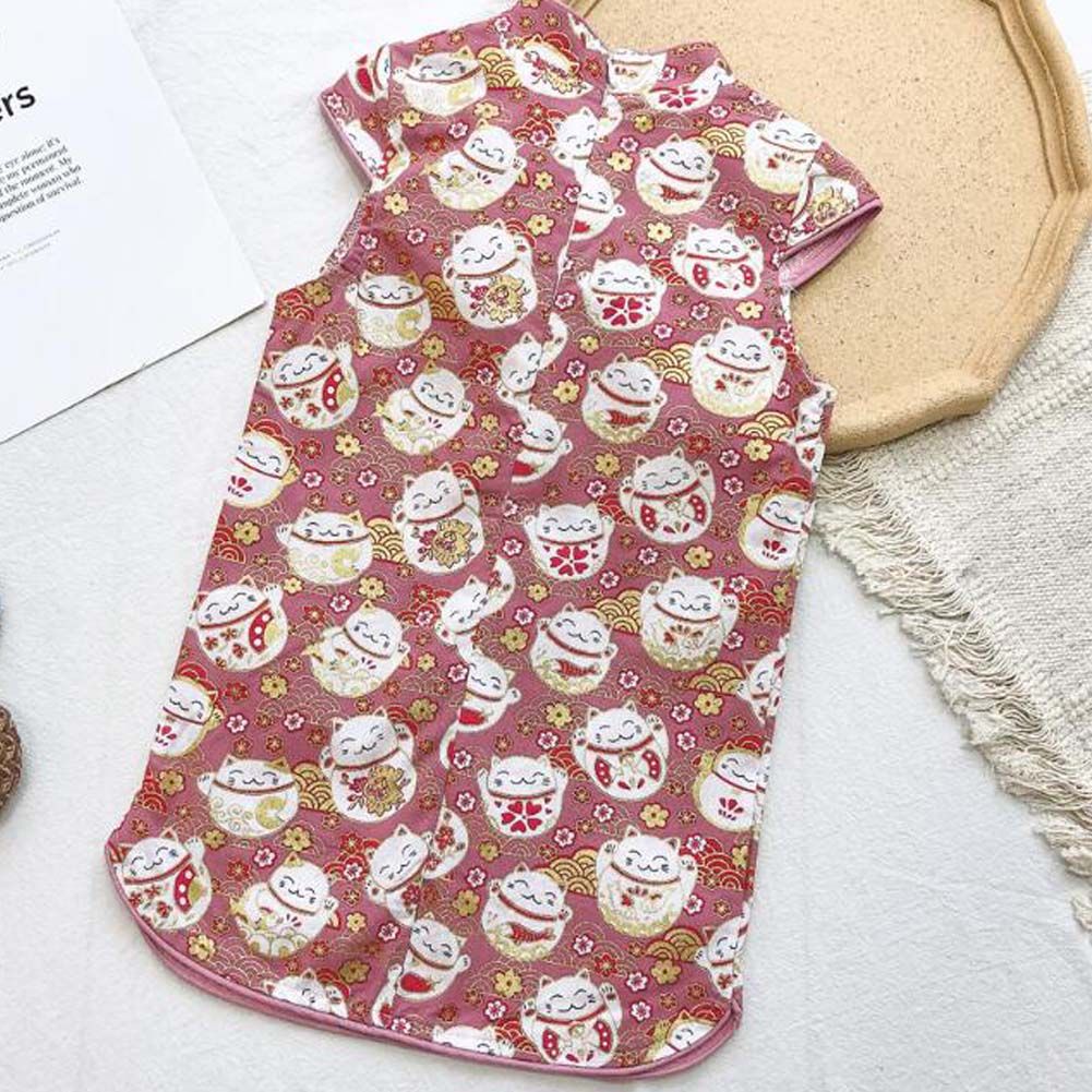 Red Fortune Cat Girls Chinese Style Vintage Cheongsam Dress Summer Floral Hanfu Clothing Dress
