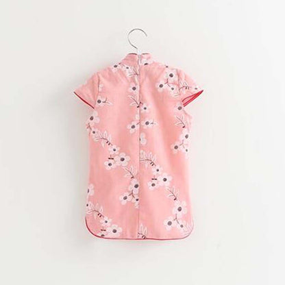 Red Chinese Style Girls' Cheongsam Dress Summer Cotton Linen Flower Short Sleeve Vintage Dress