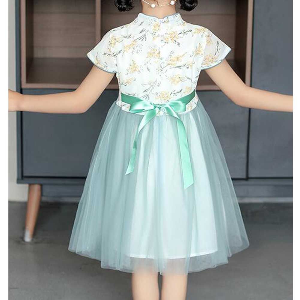 Kids Summer Chinese Style Cheongsam Dress Girls Hanfu Green Flower Princess Tutu Dress