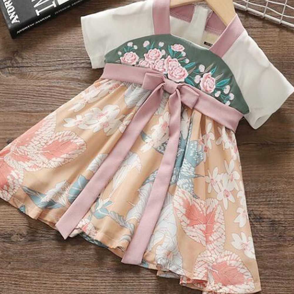 Summer Hanfu Girls' Dresses Chinese Style Pink Flower Princess Dress