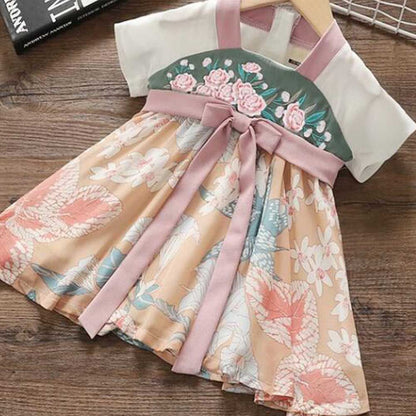 Summer Hanfu Girls' Dresses Chinese Style Pink Flower Princess Dress