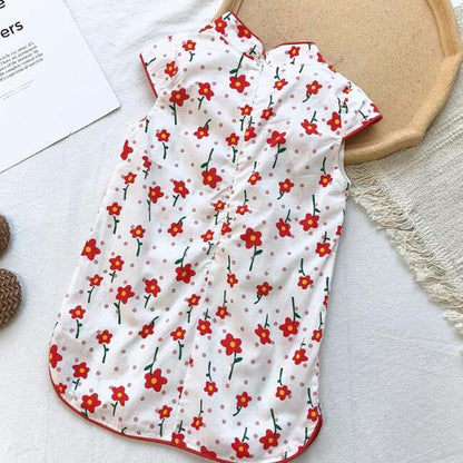 White Red Flower Girls Chinese Style Vintage Cheongsam Dress Summer Floral Hanfu Clothing Dress