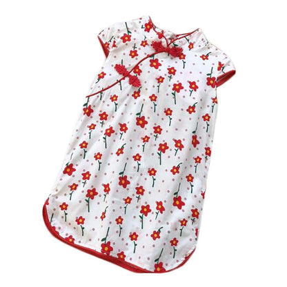 White Red Flower Girls Chinese Style Vintage Cheongsam Dress Summer Floral Hanfu Clothing Dress