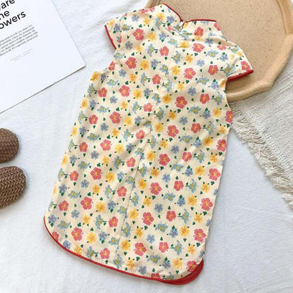 Red Yellow Blue Flower Girls Chinese Style Vintage Cheongsam Dress Summer Floral Hanfu Clothing Dress