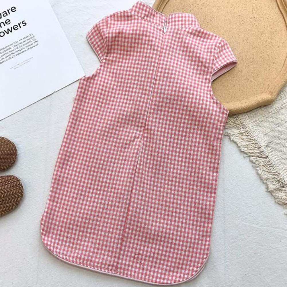 Pink Plaid Girls Chinese Style Vintage Cheongsam Dress Summer Floral Hanfu Clothing Dress