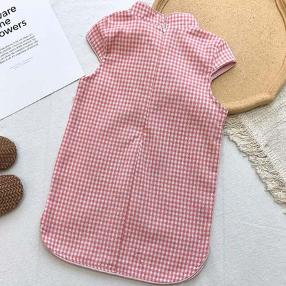 Pink Plaid Girls Chinese Style Vintage Cheongsam Dress Summer Floral Hanfu Clothing Dress
