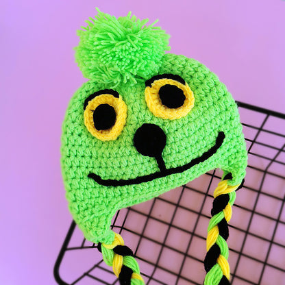 Baby Knitted Beanie Cute Green Geek with Cute Smiley Photo Prop for Baby Boys Girls