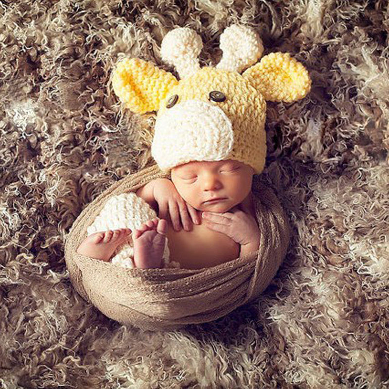 Baby Crochet Earflap Pilot Hats Photo Prop Big Yellow Deer Beanie Cap Winter Warm Knit Caps for Toddlers Baby Girls and Boys