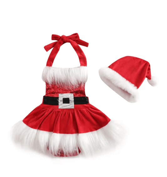 Baby Girls Christmas Romper Dress Sequins White Plush Trim Tutu Jumpsuits with Hat