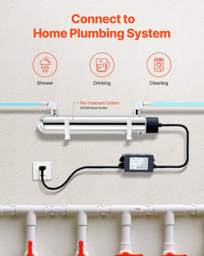 VEVOR UV Water Purifier, 12W 1GPM, 110V Versatile Ultraviolet Water Purifier Filter with Stainless Steel Housing, Whole House UV Water Filter with Quartz Sleeve Fit for Shower/Drinking/Cleaning