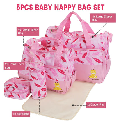 5Pcs Baby Nappy Diaper Bags Set Mummy Diaper Handbags with Diaper Pad Food Bag Bottle Bag Travel Tote Bags For Mom Dad