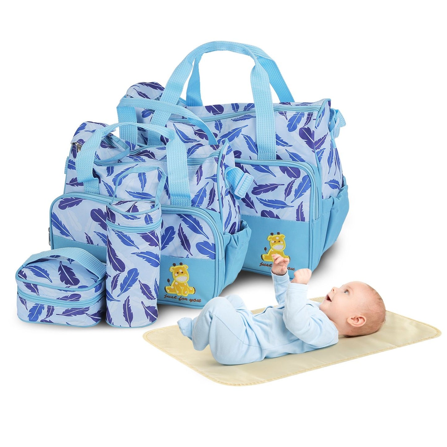 5Pcs Baby Nappy Diaper Bags Set Mummy Diaper Handbags with Diaper Pad Food Bag Bottle Bag Travel Tote Bags For Mom Dad