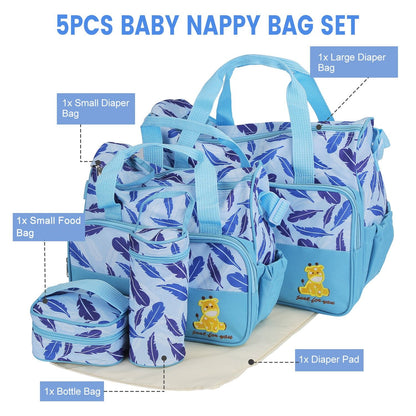 5Pcs Baby Nappy Diaper Bags Set Mummy Diaper Handbags with Diaper Pad Food Bag Bottle Bag Travel Tote Bags For Mom Dad