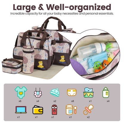 5Pcs Baby Nappy Diaper Bags Set Mummy Diaper Handbags with Diaper Pad Food Bag Bottle Bag Travel Tote Bags For Mom Dad