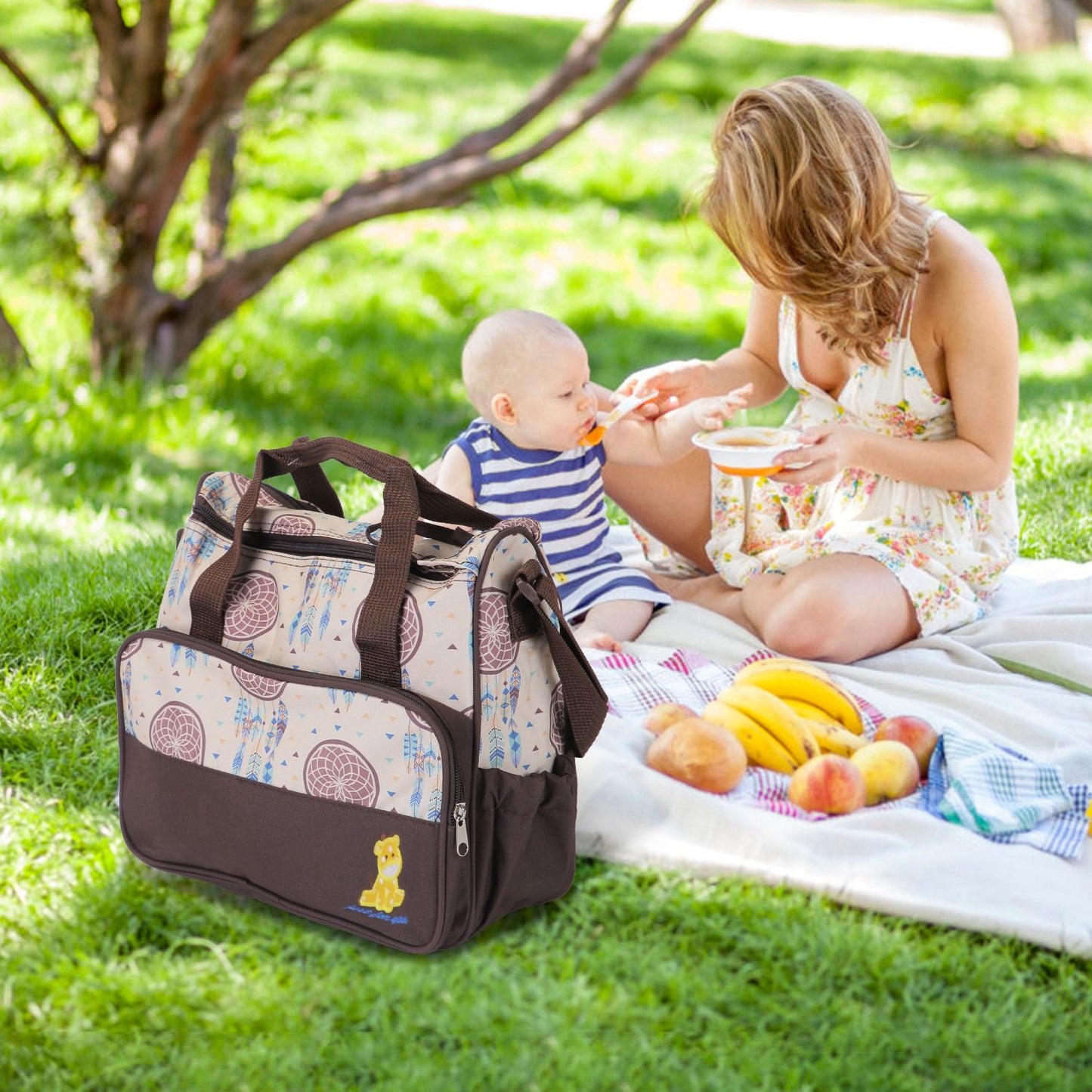 5Pcs Baby Nappy Diaper Bags Set Mummy Diaper Handbags with Diaper Pad Food Bag Bottle Bag Travel Tote Bags For Mom Dad