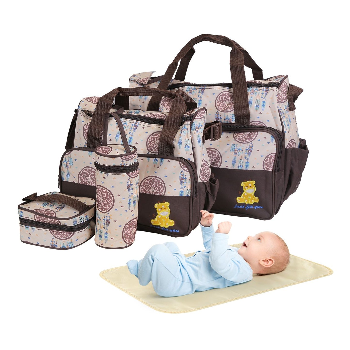 5Pcs Baby Nappy Diaper Bags Set Mummy Diaper Handbags with Diaper Pad Food Bag Bottle Bag Travel Tote Bags For Mom Dad