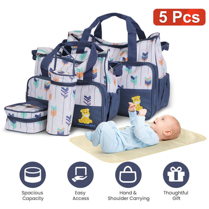 5Pcs Baby Nappy Diaper Bags Set Mummy Diaper Handbags with Diaper Pad Food Bag Bottle Bag Travel Tote Bags For Mom Dad