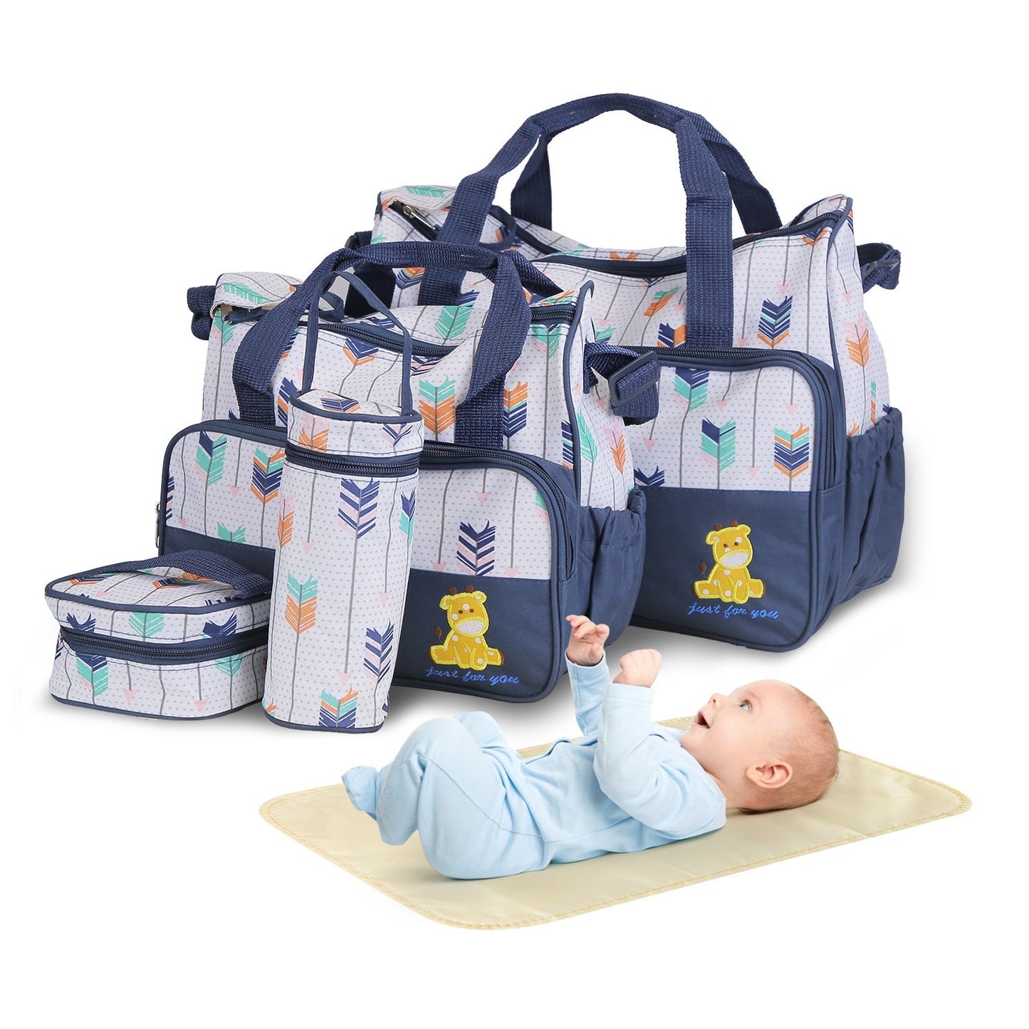 5Pcs Baby Nappy Diaper Bags Set Mummy Diaper Handbags with Diaper Pad Food Bag Bottle Bag Travel Tote Bags For Mom Dad