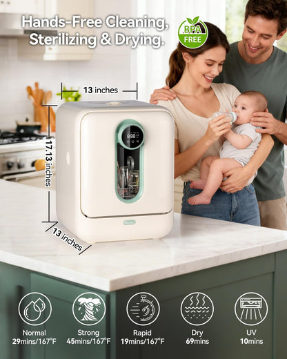 Baby Bottle Washer, Sterilizer and Dryer Pro Cleaning Machine with 360° Dual Spray Arms, Steam Sterilization, Drying Function, Auto Cleaning for Breast Pump Parts, and Baby Feeding Accessories