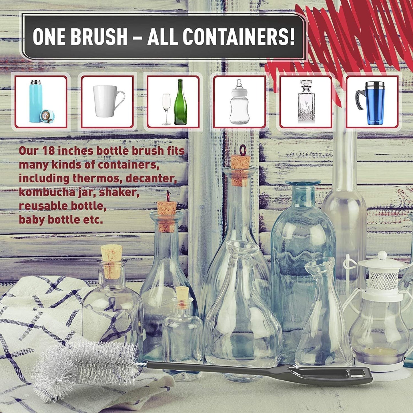 16 inch Long All-Round Bottle Cleaner Brush for Baby, Beer or Wine Bottles, Wine Glasses, Travel Mugs, Stanley Cups, and Camp Mugs. Long Bottle Brush (3 Pack)