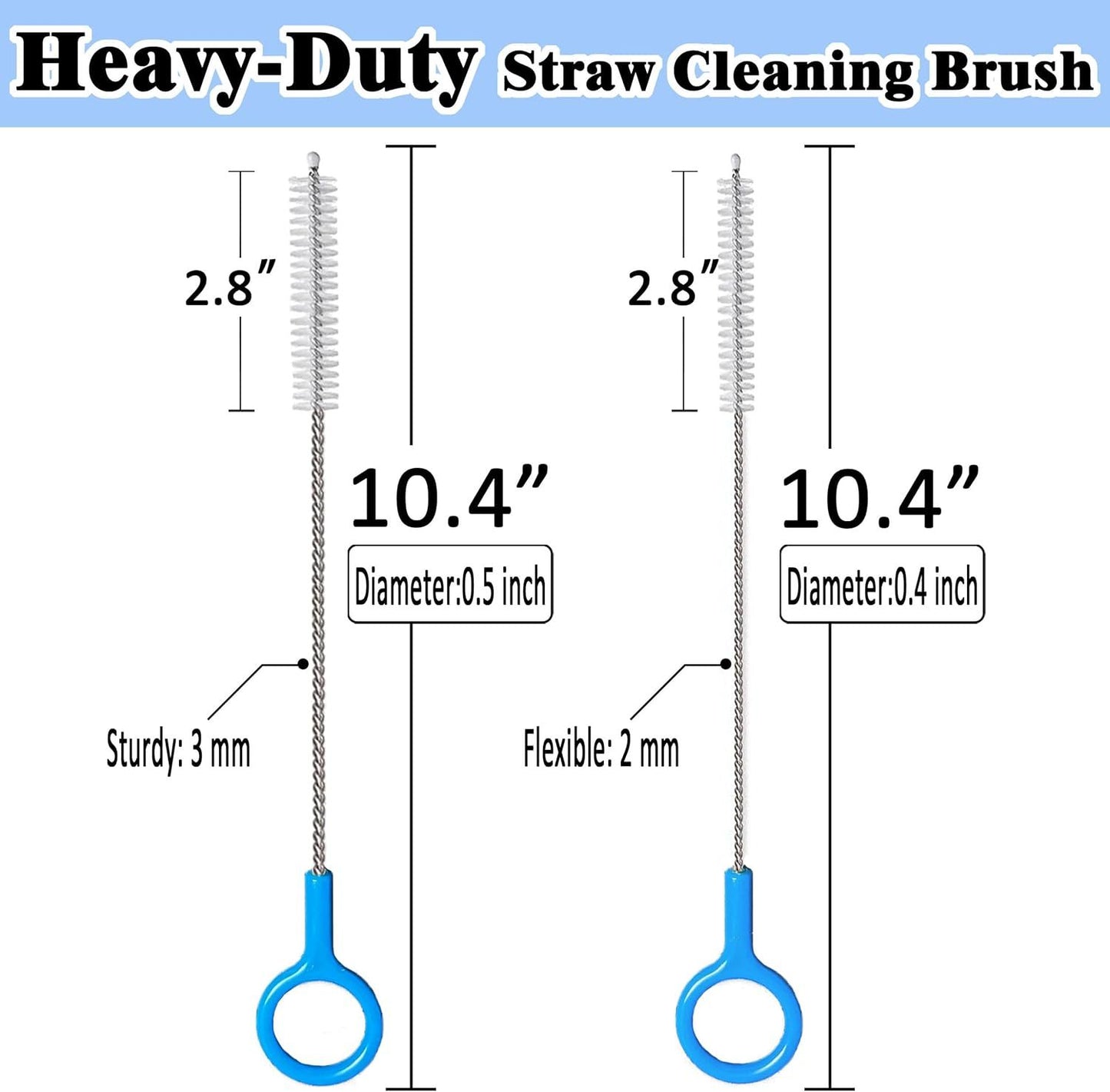 Heavy-Duty Straw Cleaner Brush, 2 Pcs Flexible Straw Brush Set,Reusable Straws Cleaning Brush with Stainless Steel and Nylon Bristles for Baby Bottles,Stanley Cup.