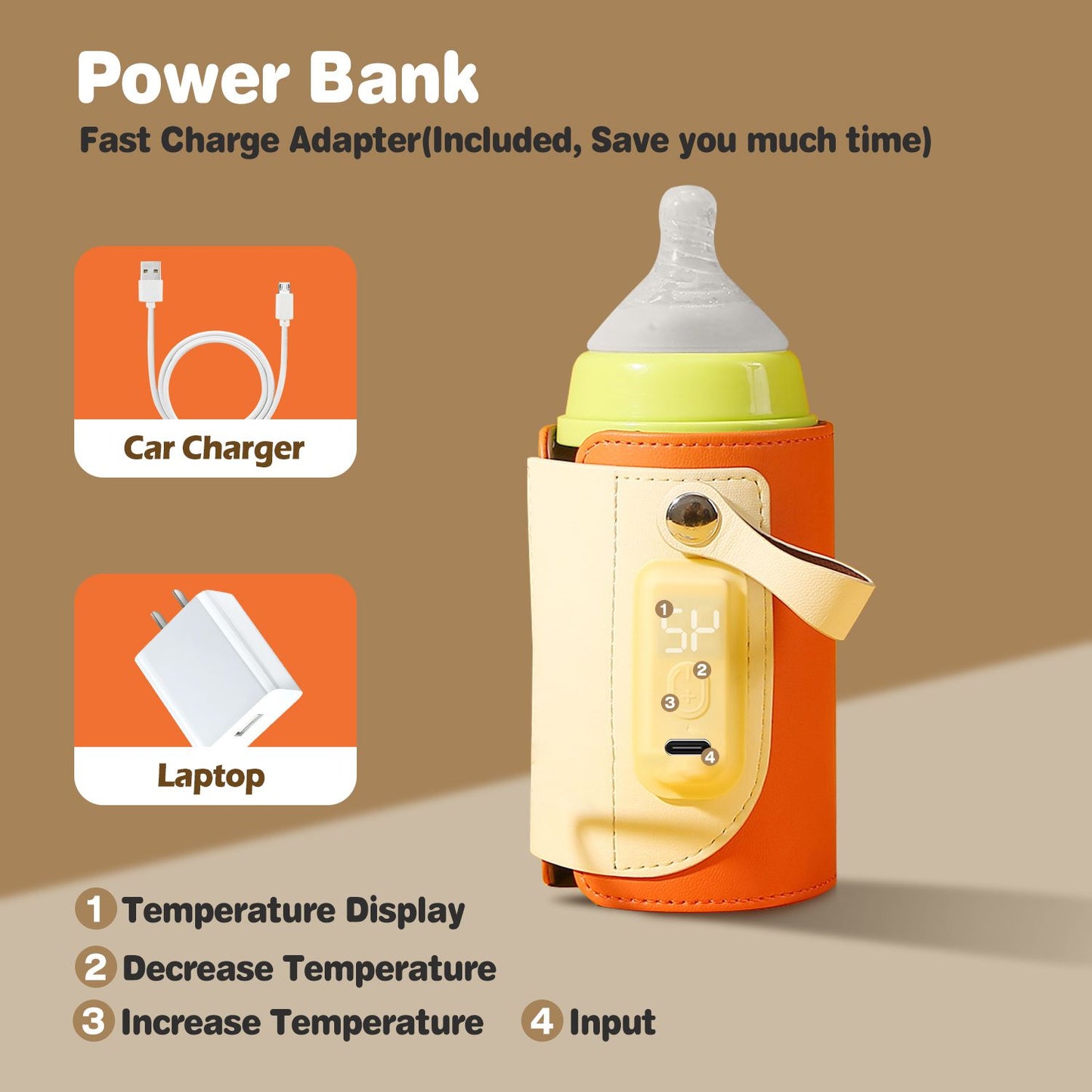 Portable Baby Milk Warmer 5 Temperature Adjustable Handhold Bottle Warmer with Fast Charge Adapter for Outdoor Car Travel