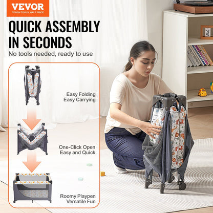 VEVOR Baby Playpen Travel Crib, Quick-Folding Playpen for Baby & Toddler, Portable Baby Fence Play Yard with Wheels, Breathable Mesh & Travel Bag, Indoor/Outdoor Kids Activity Center for 0-36 Months