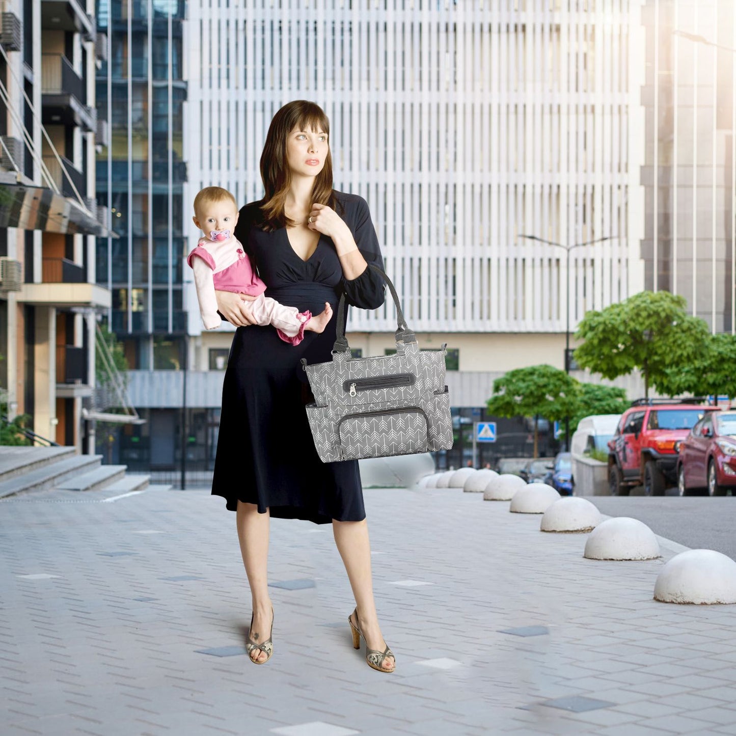 8PCS Baby Diaper Bag Set - Spacious 12-Pocket Design with Bottle Bag, Diaper Pad & Burp Cloths - 2 Carrying Ways, Wide Opening for Easy Access - Ideal for Parents