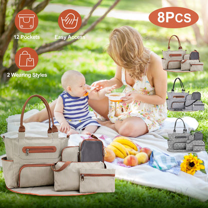 8PCS Baby Diaper Bag Set - Spacious 12-Pocket Design with Bottle Bag, Diaper Pad & Burp Cloths - 2 Carrying Ways, Wide Opening for Easy Access - Ideal for Parents