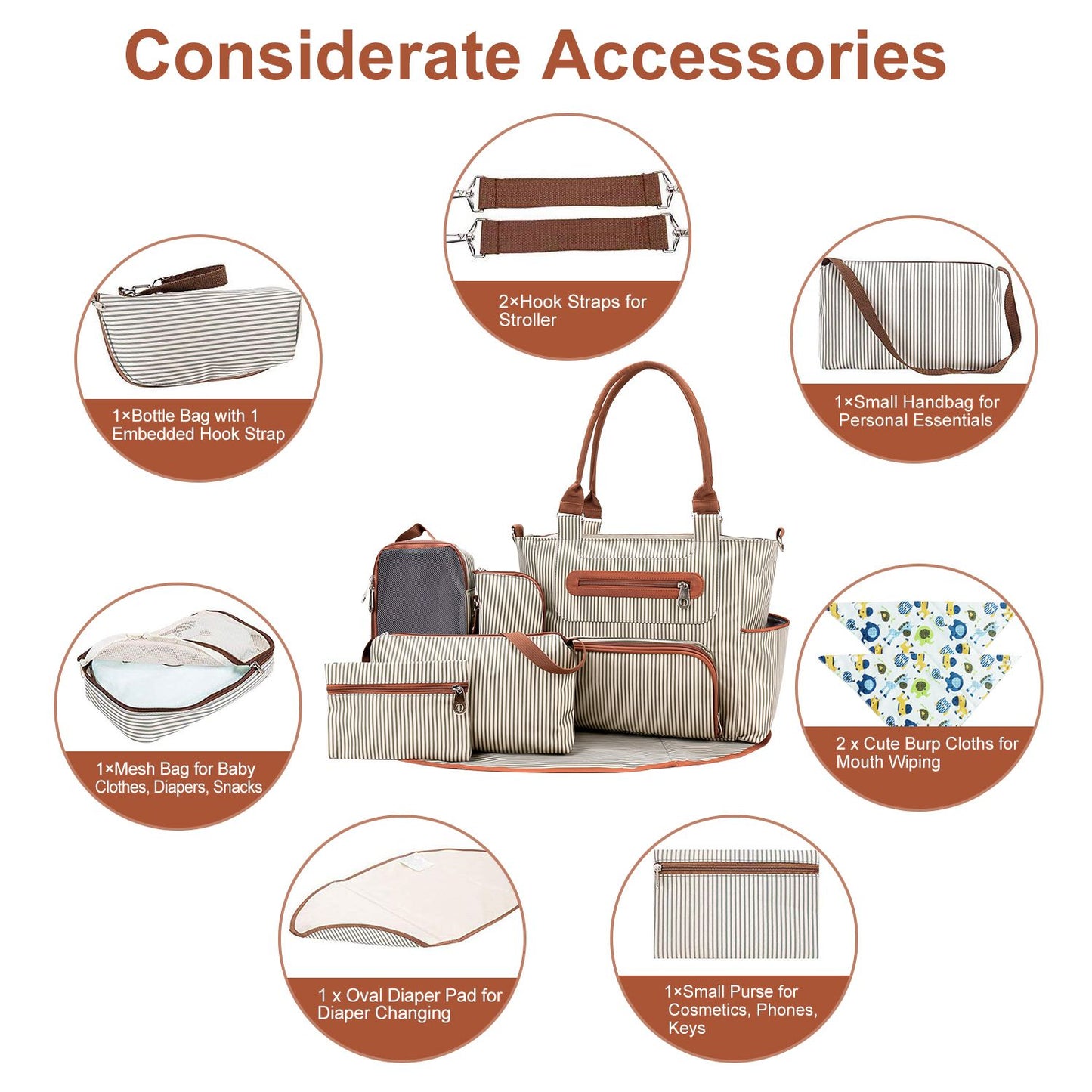 8PCS Baby Diaper Bag Set - Spacious 12-Pocket Design with Bottle Bag, Diaper Pad & Burp Cloths - 2 Carrying Ways, Wide Opening for Easy Access - Ideal for Parents