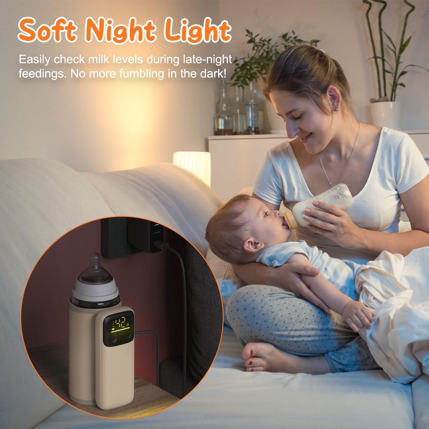 Portable Bottle Warmer with Night Light Baby Milk Warmer Milk Formula Warmer for Home Travel with 6 Heating Levels